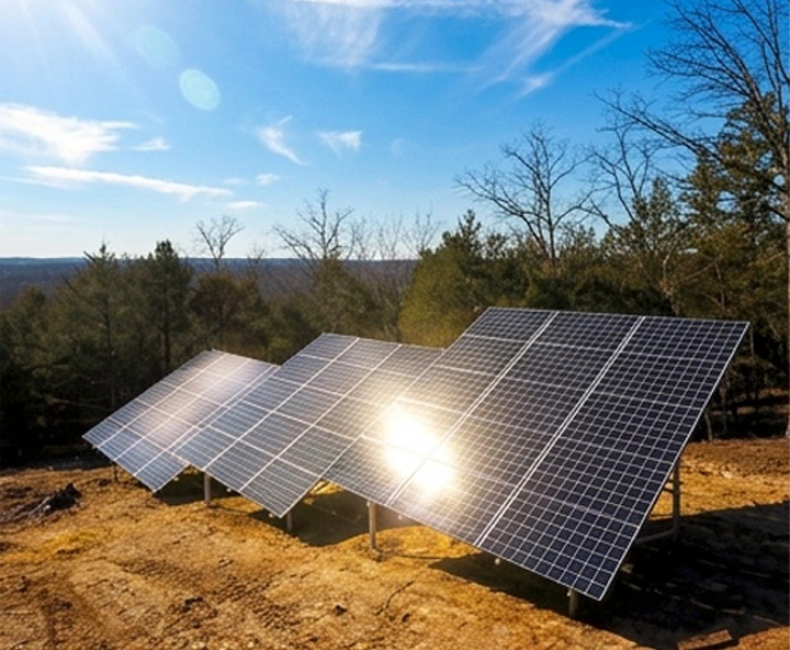 Ground-mounted solar panel array installed on an open hillside with trees and sunlight reflecting off the panels
